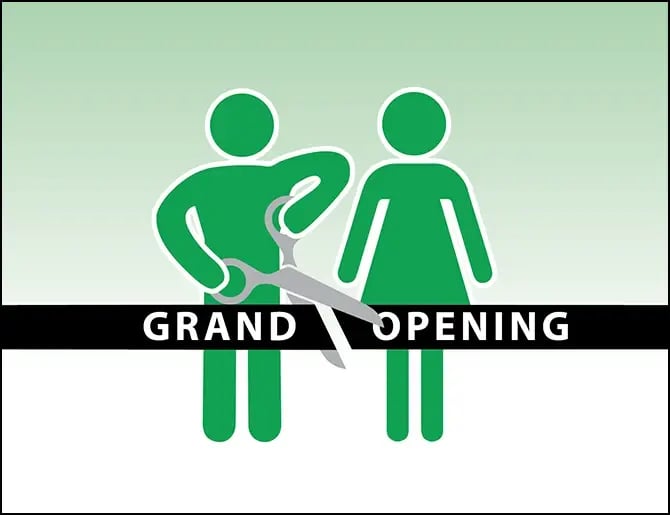 a stick man cutting the ribbon at a Grand Opening with a stick woman watching