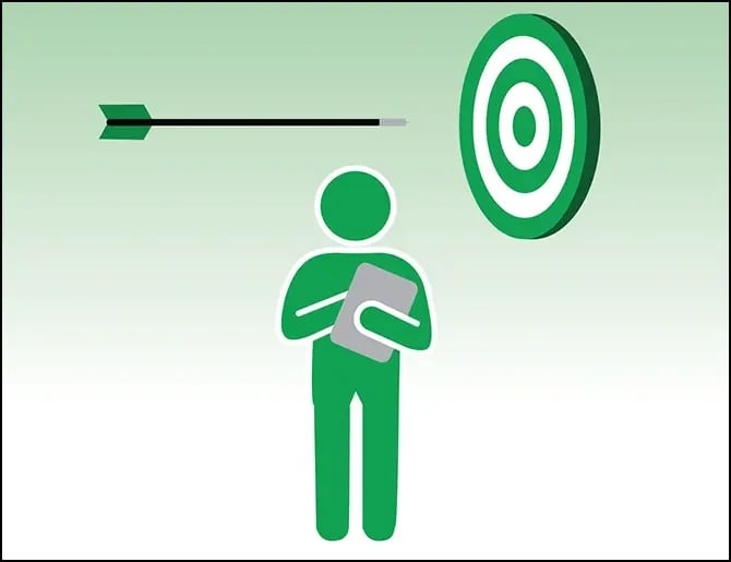 A stick man with a clipboard and an arrow flying towards a target