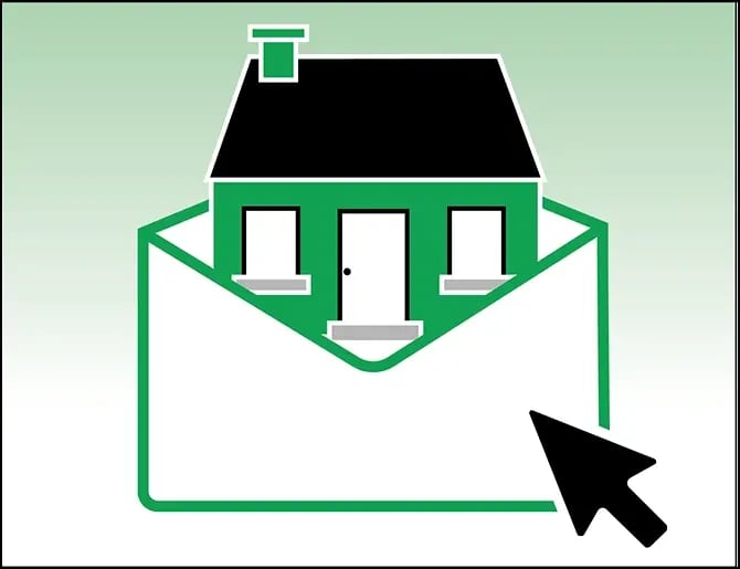 a house icon popping out of an open envelope with a mouse cursor overlapping the corner