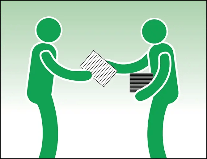 Man Handing Flyer to Other Man