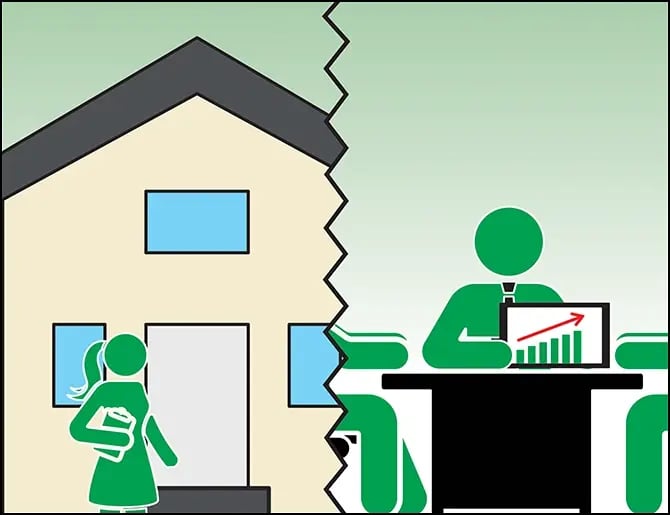 split image with left side showing a real estate agent in front of a home and the right side showing a financial advisor holding a chart with a bar graph trending upwards on it