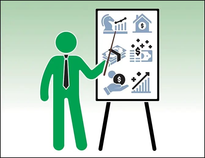 person with necktie standing in front of chart with various finance related icons on it