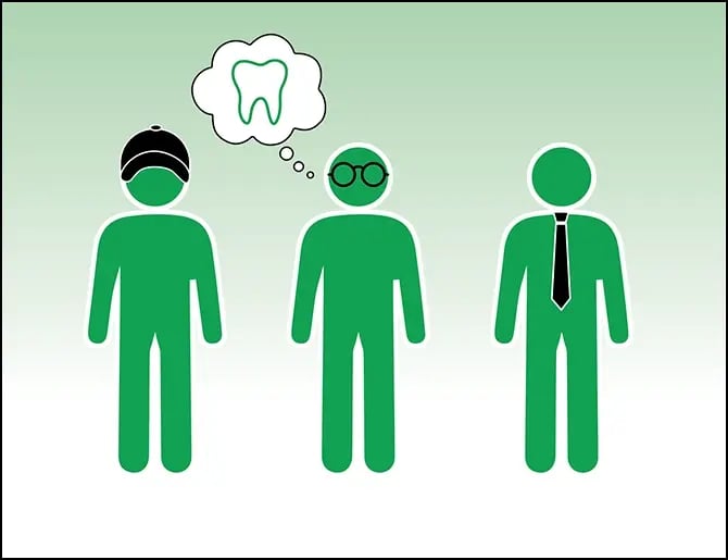 three different individuals standing side-by-side, the individual in the center has a thought bubble containg an icon of a tooth