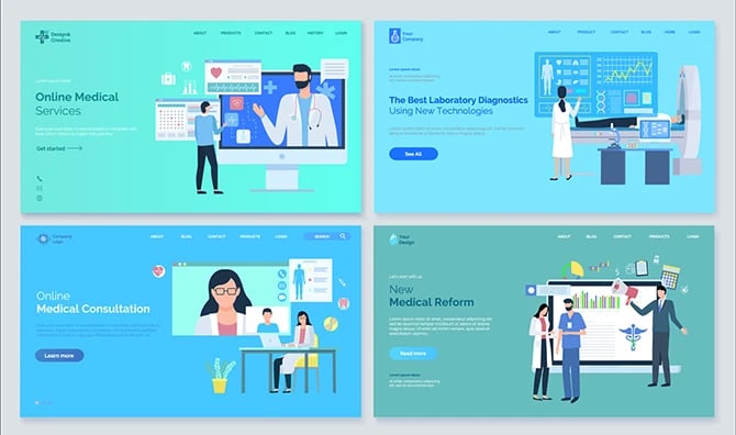 Vector illustration of four medical web design examples under web development of a medical practice website.