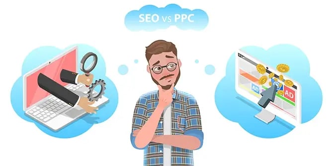 Vector illustration of SEO vs PPC, Search Engine Optimization VS Pay Per Click Marketing Strategy.