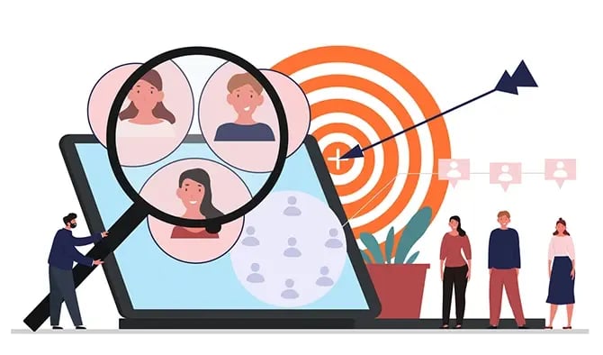 Illustration of target audience segmentation where a male character examines a group of people under a magnifying glass.