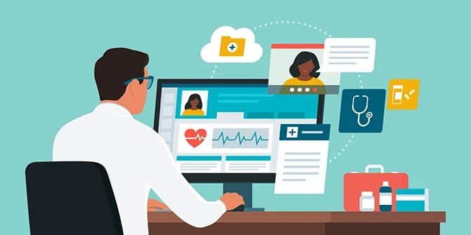 Illustration of a medical professional checking the profile of a prospective patient on portal of the medical web design.