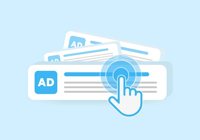 Cursor icon clicks on a Google adwords advertisement among many others.