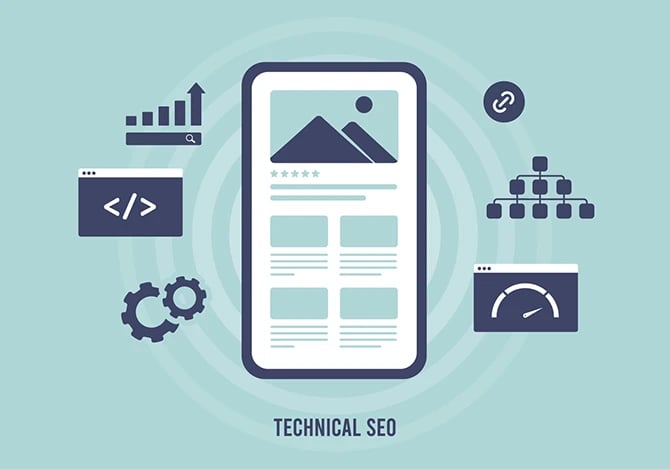 Illustration of technical SEO optimization to improve website search result by SEO services.