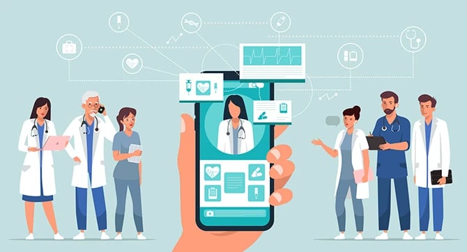 Illustration of mobile phone screen with a faceless medical practitioner and a team of medical professionals on either side.