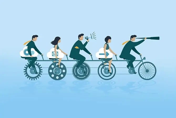 Illustration of teamwork, a group of men on a bike.