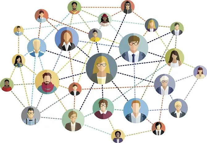 Illustration of a network of accountants interconnected through various channels.