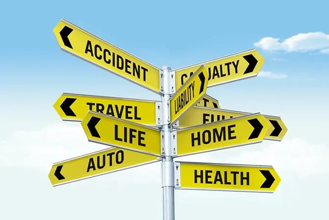 Crossroad signpost showing ways to different kinds of insurance.