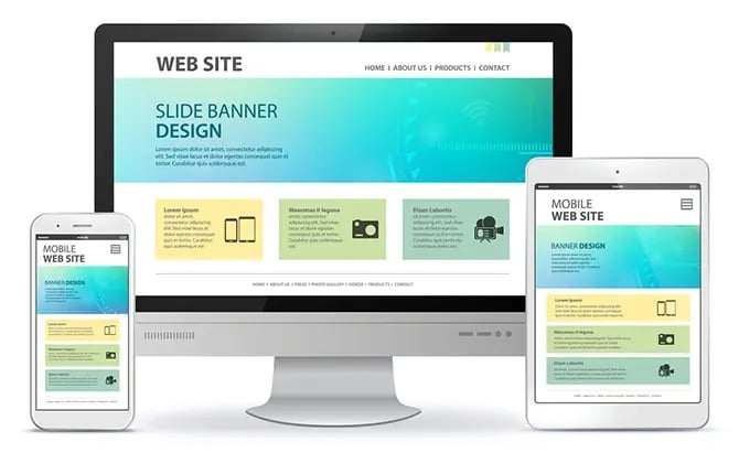 Website builder sample website design template on various mobile devices. 